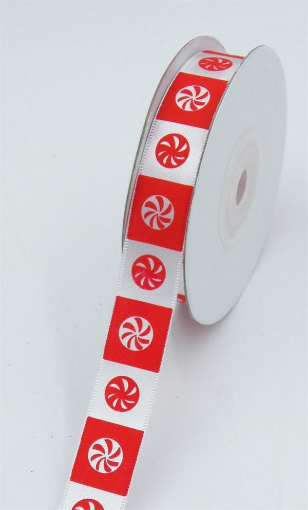 Not Wired |   .625 Inch White/Red Christmas Swirl Candy Satin 5/8" X 25 Yds., (1 Spool) Not Wired Not Wired