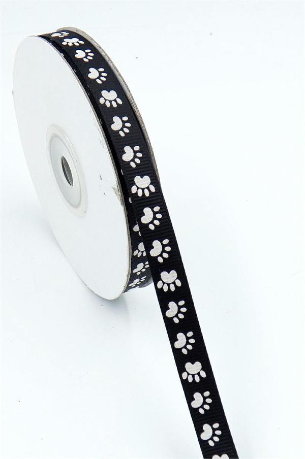 Not Wired |   Black Grosgrain Ribbon Printed With White Paws, 3/8" X 25 Yards (1 Spool) Not Wired Not Wired