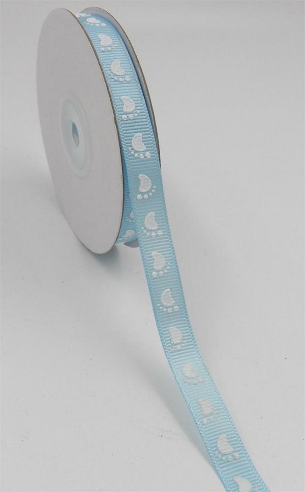 Not Wired |   Light Blue Ribbon/White Baby Feet Grosgrain 3/8 X 25 Yds., (1 Spool) Not Wired Not Wired