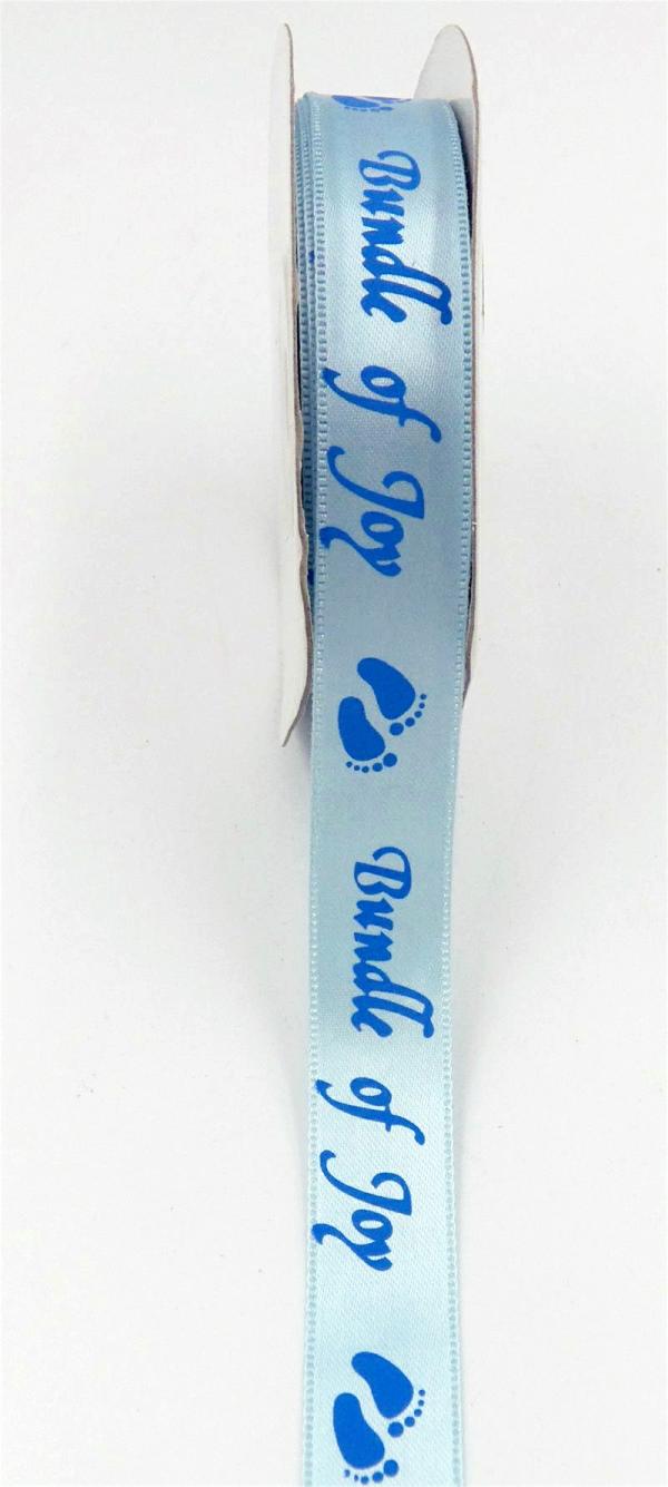 Not Wired |   Light Blue Satin Ribbon Printed With "Bundle Of Joy" In Blue, 5/8 Inch X 25 Yards (1 Spool) Not Wired Not Wired