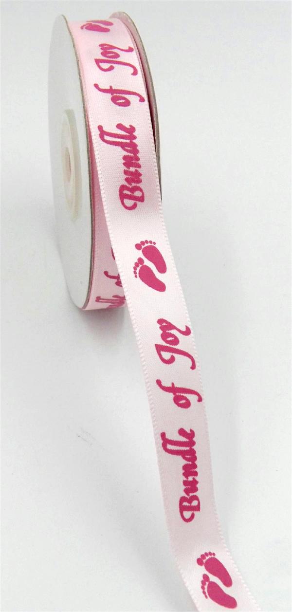 Not Wired |   Light Pink Satin Ribbon Printed W/ Pink Baby Footprints "Bundle Of Joy", 5/8 Inch X 25 Yards (1 Spool) Not Wired Not Wired