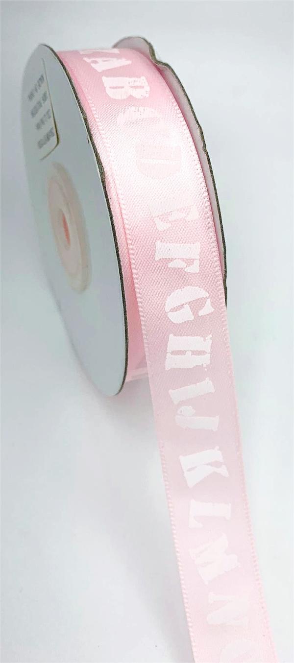 Not Wired |   Light Pink Satin Ribbon Printed With Alphabet Letters, 5/8" X 25 Yards (1 Spool) Not Wired Not Wired