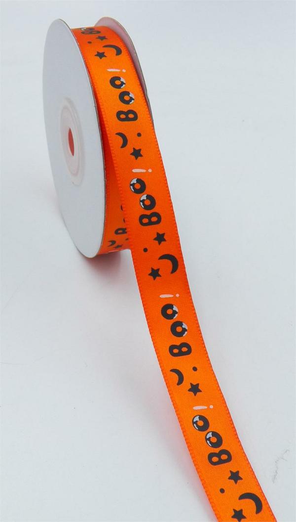 Not Wired |   Orange/Black Boo! Satin Halloween Ribbon 5/8 X 25 Yds., (1 Spool) Not Wired Not Wired