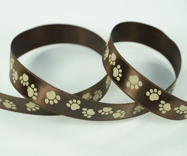 Not Wired |   Paw Prints On Brown Satin Ribbon, 5/8 Inch X 25 Yards (1 Spool) Not Wired Not Wired