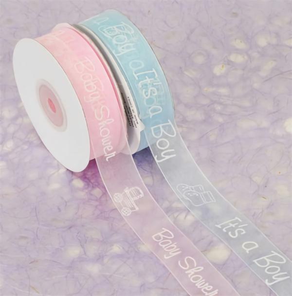 Not Wired |   Pink Organza Ribbon Printed W/ White Baby Feet "It’s A Girl", 7/8 Inch X 25 Yards (1 Spool) Not Wired Not Wired