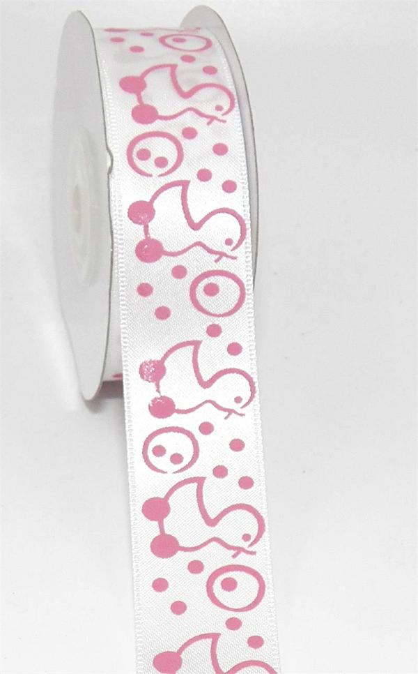 Not Wired |   Printed " Baby Duckies With Bubbles " Satin Ribbon, White With Light Pink Motif, 7/8 Inch X 25 Yards (1 Spool) Not Wired Not Wired