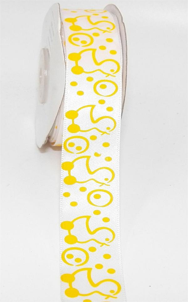 Not Wired |   Printed " Baby Duckies With Bubbles " Satin Ribbon, White With Yellow Motif, 7/8 Inch X 25 Yards (1 Spool) Not Wired Not Wired