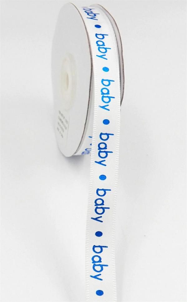 Not Wired |   Printed " Baby " Single Faced Satin Ribbon, White With Metallic Blue, 3/8 Inch X 25 Yards (1 Spool) Not Wired Not Wired