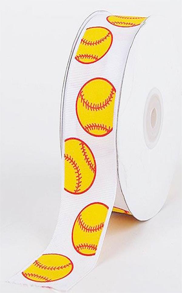 Not Wired |   Printed "Baseball " White Single Faced Grosgrain Ribbon, Yellow Baseballs With Red Outlines, 1 1/2 Inch X 25 Yards (1 Spool) Not Wired Not Wired