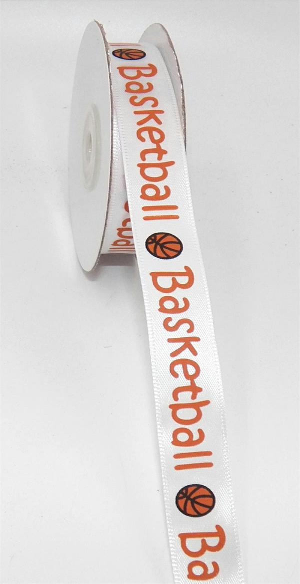 Not Wired |   Printed " Basketball " Single Faced Satin Ribbon, White With Orange, 5/8 Inch X 25 Yards (1 Spool) Not Wired Not Wired