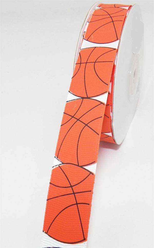 Not Wired |   Printed " Basketball " Single Faced White Satin Ribbon, Orange Basketballs With Black Outlines, 7/8 Inch X 25 Yards (1 Spool) Not Wired Not Wired