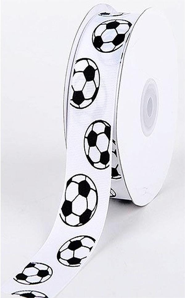 Not Wired |   Printed Black Soccer Balls On White Grosgrain Ribbon, 7/8 Inch X 25 Yards (1 Spool) Not Wired Not Wired