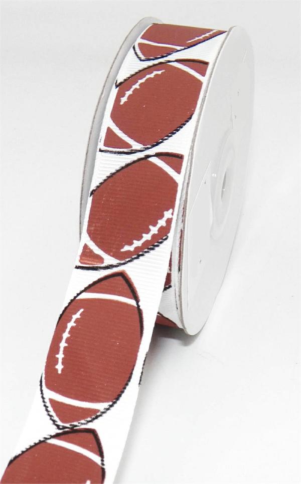 Not Wired |   Printed "Football " Single Faced Grosgrain Ribbon, White Footballs With Black And Brown, 1 1/2 Inch X 25 Yards (1 Spool) Not Wired Not Wired