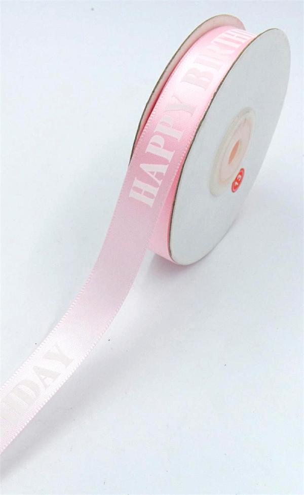 Not Wired |   Printed " Happy Birthday " Single Faced Satin Ribbon, Light Pink With Pink Bold Font, 5/8 Inch X 25 Yards (1 Spool) Not Wired Not Wired