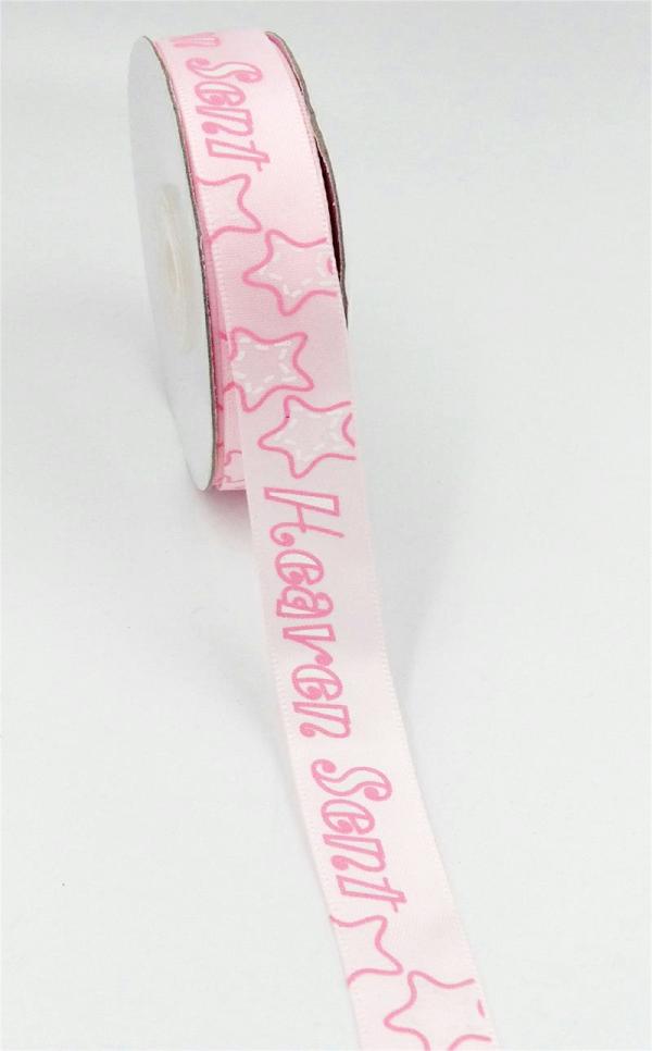 Not Wired |   Printed " Heaven Sent " Single Faced Satin Ribbon, Light Pink With White Bold Font And Pink Outlines, 5/8 Inch X 25 Yards (1 Spool) Not Wired Not Wired