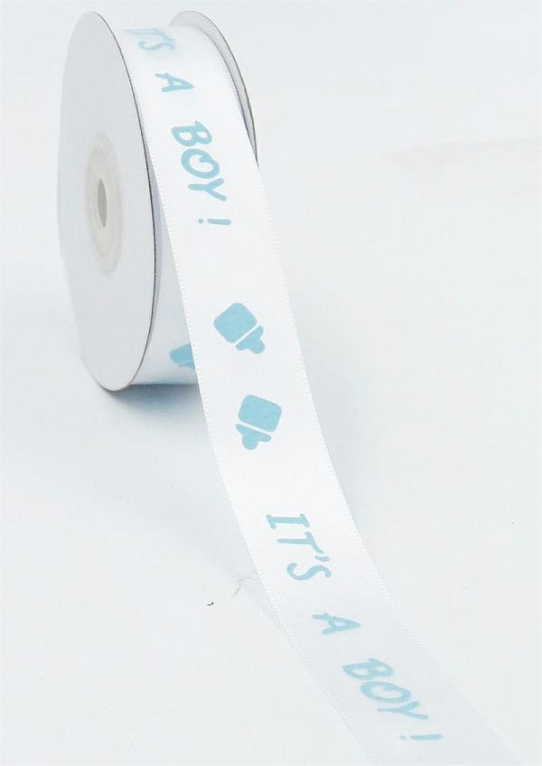 Not Wired |   Printed " It’s A Boy! " Single Faced Satin Ribbon, White With Light Blue Baby Bottles Motif, 7/8 Inch X 25 Yards (1 Spool) Not Wired Not Wired