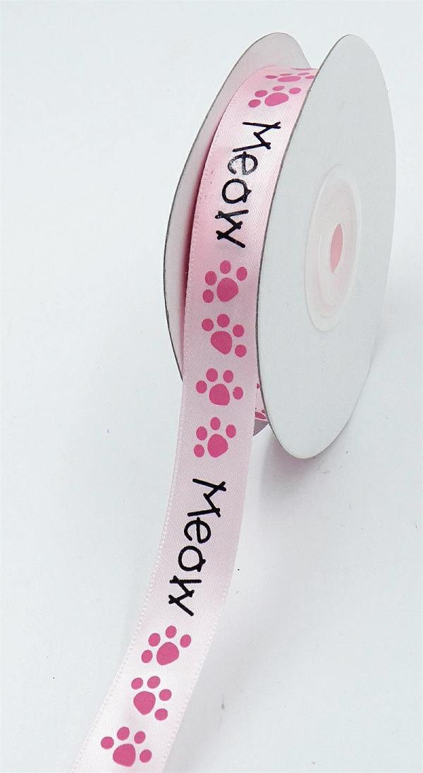 Not Wired |   Printed " Meow " Single Faced Satin Ribbon, Light Pink With Black Font And Pink Paws, 5/8 Inch X 25 Yards (1 Spool) Not Wired Not Wired