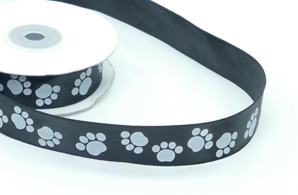 Not Wired |   Printed " Paw Prints " Black Satin Ribbon With White Paws, 7/8 Inch X 25 Yards (1 Spool) Not Wired Not Wired