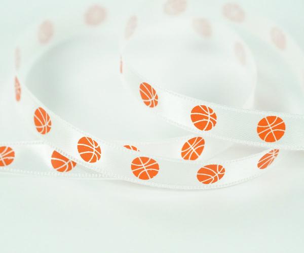 Not Wired |   Printed Single Faced Satin Ribbon, White With Orange Basketballs, 3/8 Inch X 25 Yards (1 Spool) Not Wired Not Wired