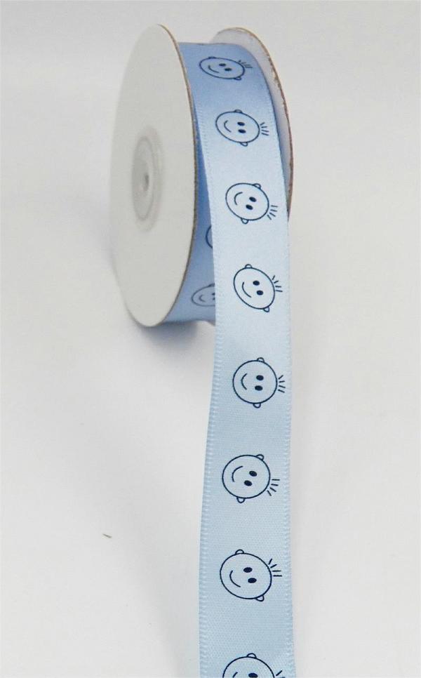 Not Wired |   Printed " Smiling Cartoon Style Baby Boy Heads " Single Faced Satin Ribbon , Light Blue With Blue, 5/8 Inch X 25 Yards (1 Spool) Not Wired Not Wired