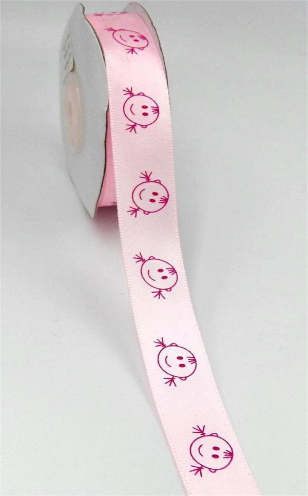 Not Wired |   Printed " Smiling Cartoon Style Baby Girl Heads " Single Faced Satin Ribbon , Light Pink With Pink, 5/8 Inch X 25 Yards (1 Spool) Not Wired Not Wired