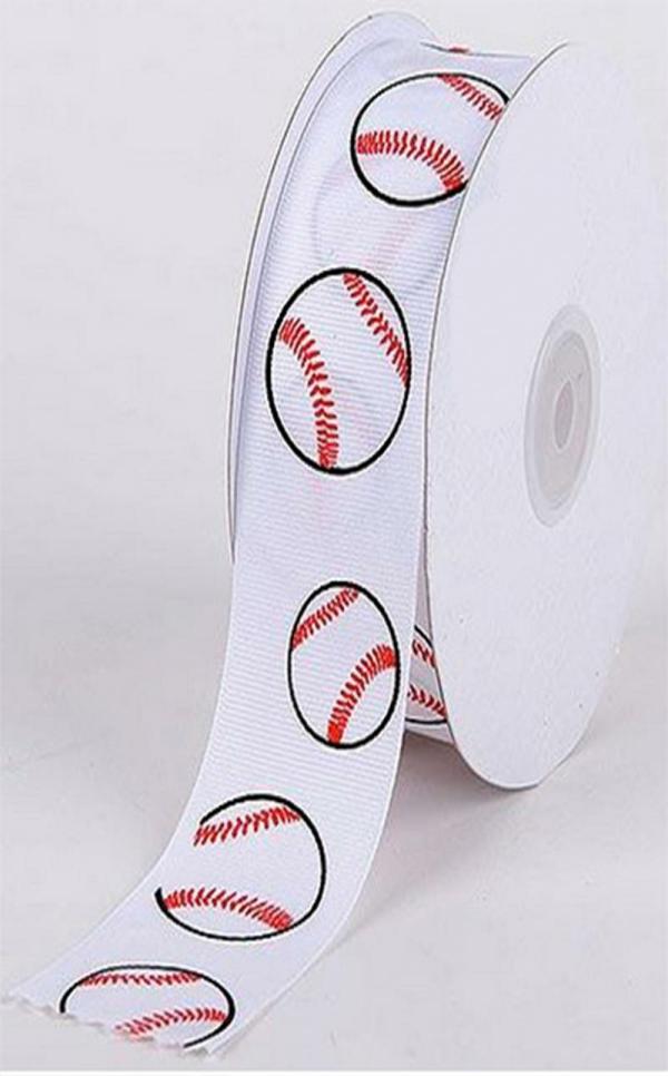 Not Wired |   Printed White Grosgrain Ribbon W/ White Baseballs W/ Black And Red, 7/8 Inch X 25 Yards (1 Spool) Not Wired Not Wired