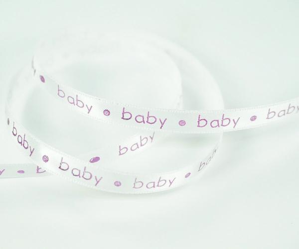 Not Wired |   Printed White Satin Ribbon W/ Metallic Purple Print "Baby" 3/8" X 25 Yds., (1 Spool) Not Wired Not Wired