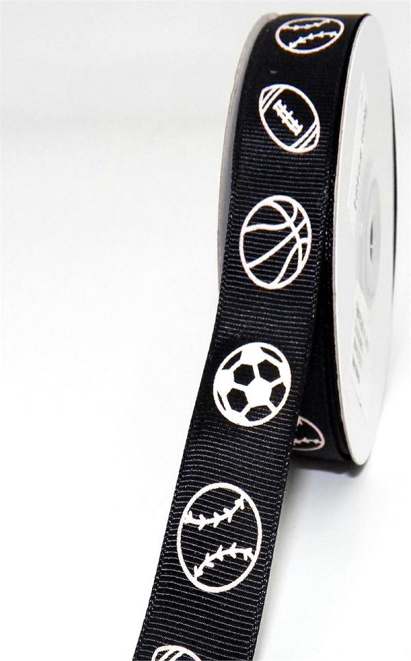 Not Wired |   Printed White Sports Balls On Black Grosgrain Ribbon, 1 1/2 Inch X 25 Yards (1 Spool) Not Wired Not Wired