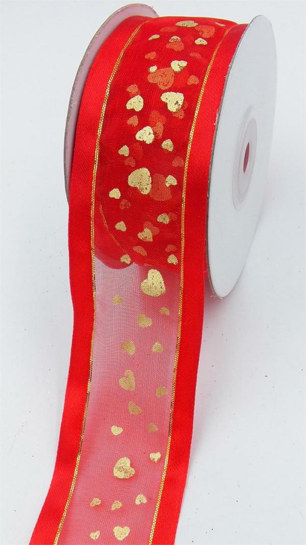 Not Wired |   Red Organza Ribbon With Satin Edges And Gold Hearts, Valentine`S Day Ribbon, 1.5 Inch X 25 Yards (1 Spool) Not Wired Not Wired