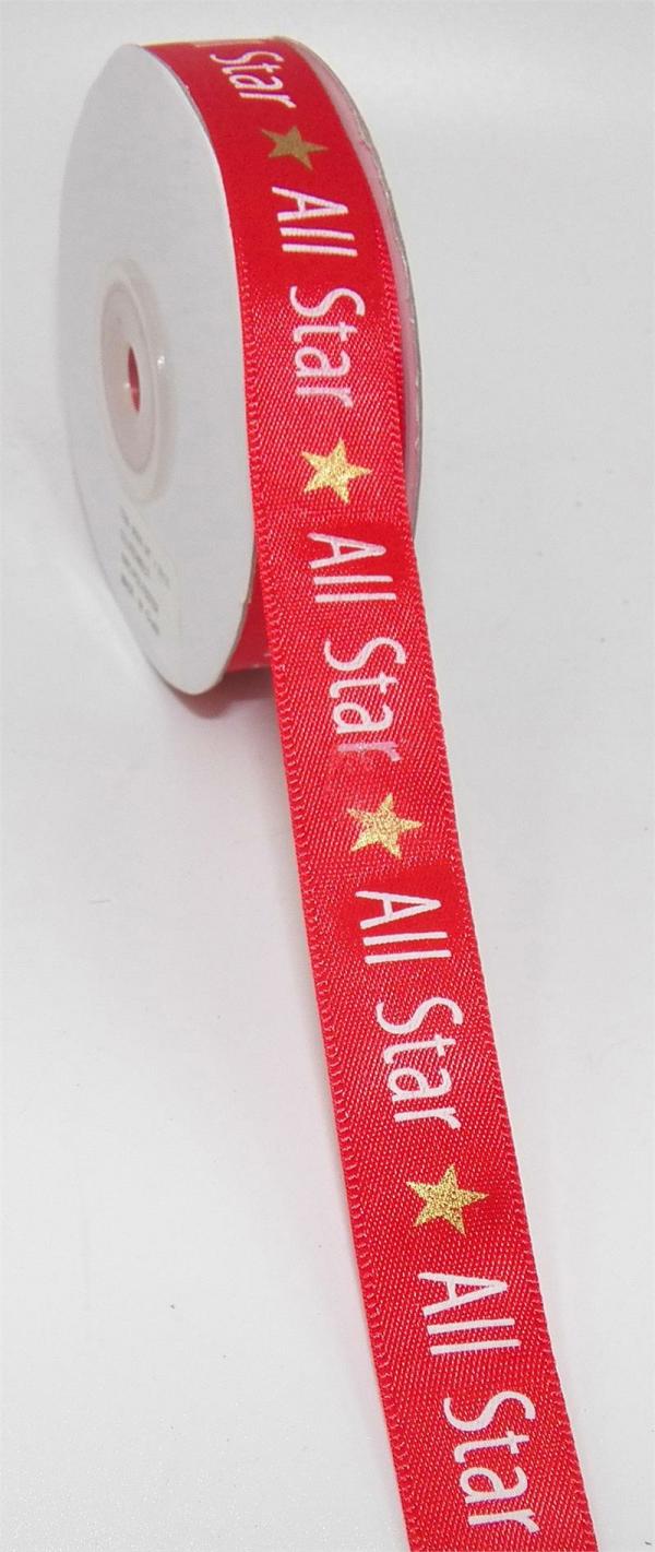 Not Wired |   Red/Multi "All Star" With Gold Stars Satin 5/8 X 25 Yds., (1 Spool) Not Wired Not Wired