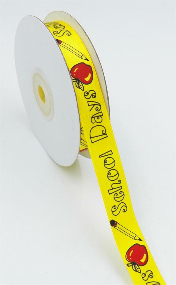 Not Wired |   School Days Yellow With Red Apple Satin (1 Spool) 5/8 X 25 Yds. Not Wired Not Wired