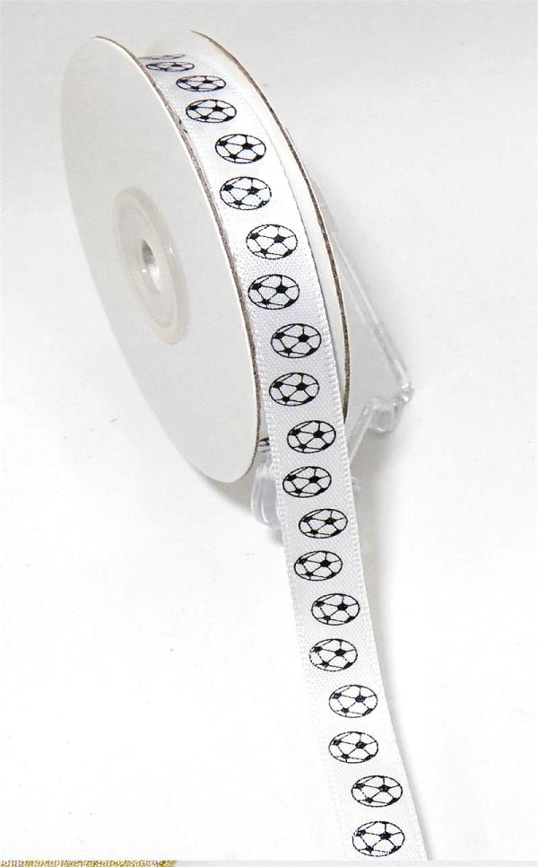 Not Wired |   White Satin Ribbon Printed W/ Black Soccer Balls, 3/8 Inch X 25 Yards (1 Spool) Not Wired Not Wired