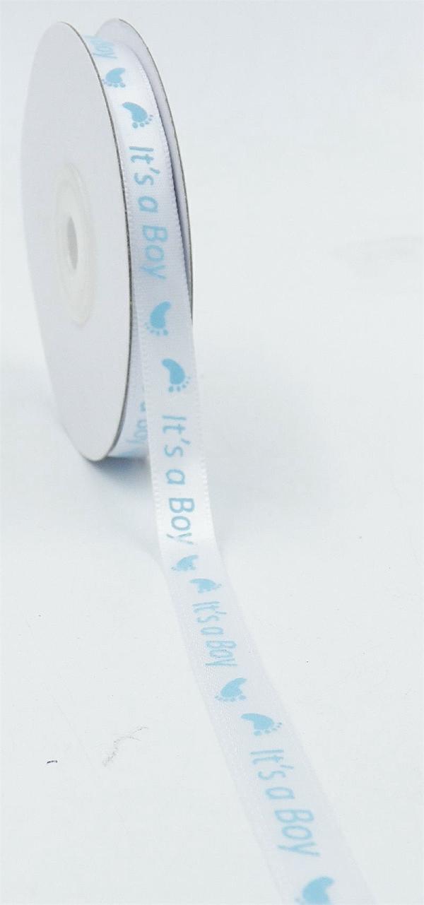 Not Wired |   White Satin Ribbon Printed W/ Light Blue Baby Feet "It’s A Boy" 3/8 Inch X 25 Yards (1 Spool) Not Wired Not Wired