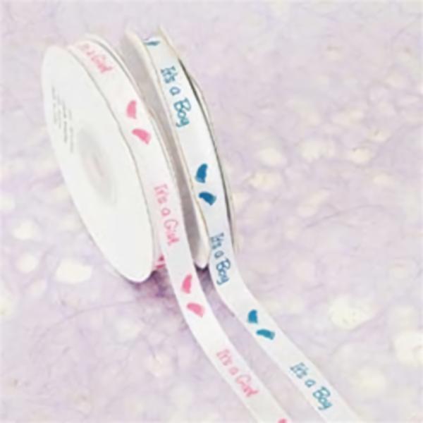 Not Wired |   White Satin Ribbon Printed W/ Light Blue Baby Feet "It’s A Boy", 3/8 Inch X 25 Yards (1 Spool) Not Wired Not Wired