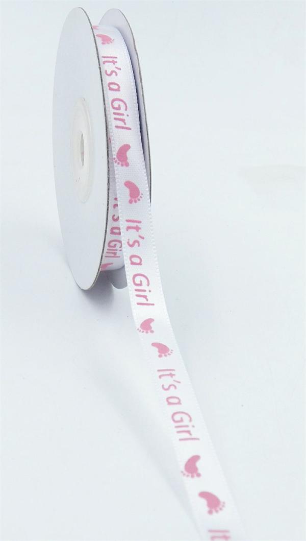 Not Wired |   White Satin Ribbon Printed W/ Light Pink Baby Feet "It’s A Girl", 3/8 Inch X 25 Yards (1 Spool) Not Wired Not Wired