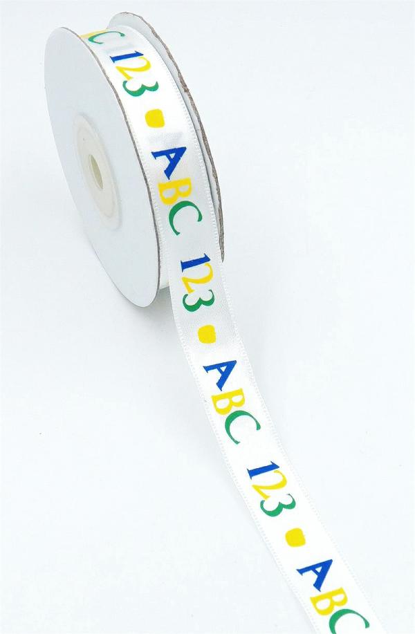 Not Wired |   White Satin Ribbon Printed With "Abc 123" Multi-Colored, 5/8 Inch X 25 Yards (1 Spool) Not Wired Not Wired