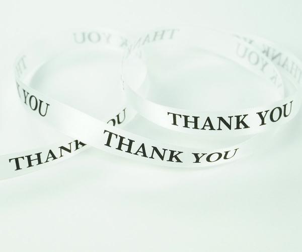 Not Wired |   White Satin Ribbon W/ Thank You Printed In Black, 5/8 Inch X 25 Yards (1 Spool) Not Wired Not Wired