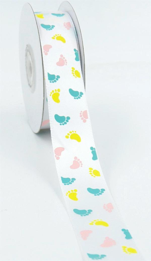 Not Wired |   White Satin Ribbon With Printed Pastel Baby Feet, 7/8" X 25 Yards (1 Spool) Not Wired Not Wired