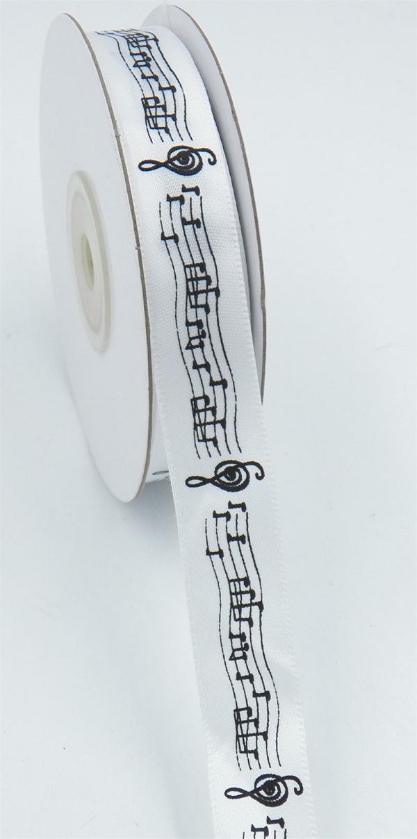 Not Wired |   White/Black Musical Bar Printed Satin 5/8 X 25 Yds., (1 Spool) Not Wired Not Wired