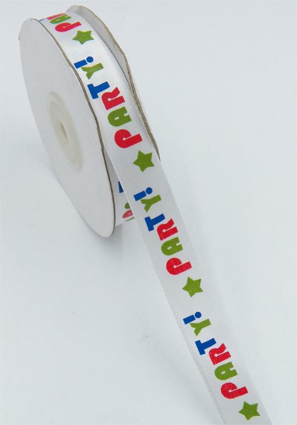 Not Wired |   White/Multi Party! W/ Green Stars Satin Ribbon 5/8 X 25 Yds., (1 Spool) Not Wired Not Wired