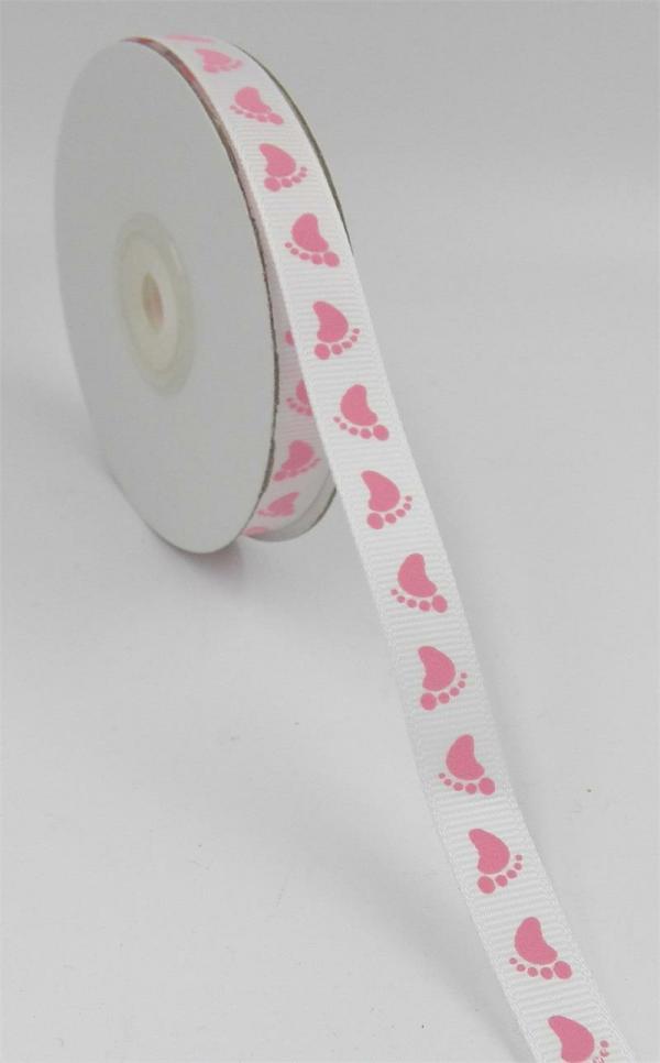 Not Wired |   White/Pink Baby Feet Grosgrain 3/8 X 25 Yds., (1 Spool) Not Wired Not Wired