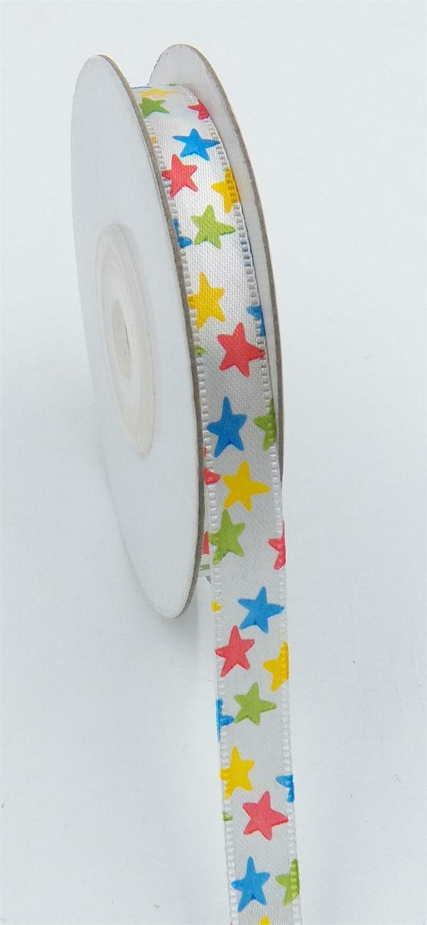 Not Wired |   White/Primary Stars Satin 3/8 X 25 Yds., (1 Spool) Not Wired Not Wired