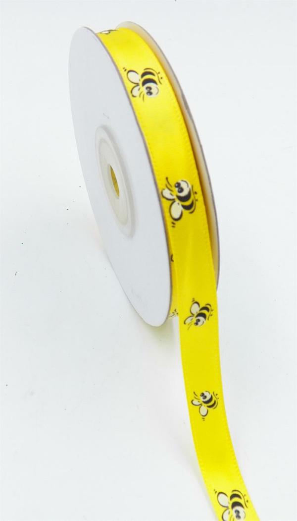 Not Wired |   Yellow/Black With Bees Satin Ribbon 3/8 X 25 Yds. (1 Spool) Not Wired Not Wired