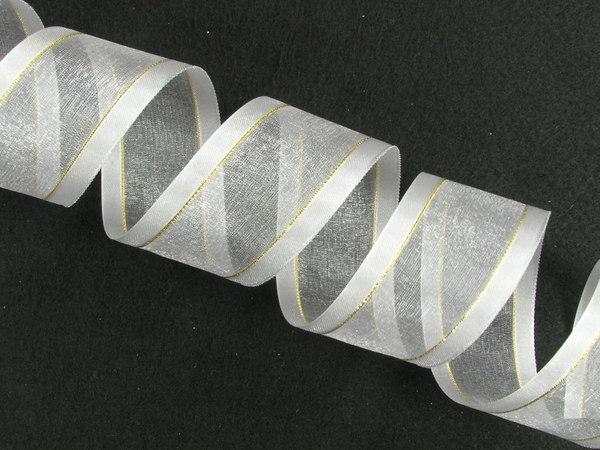 Organza Ribbon With Satin Edges And Gold Stripes |   Organza Ribbon With Satin Edge And Gold Stripe , White, 1-1/2 Inch X 25 Yards (1 Spool) Organza Ribbon With Satin Edges And Gold Stripes Organza Ribbon With Satin Edges And Gold Stripes