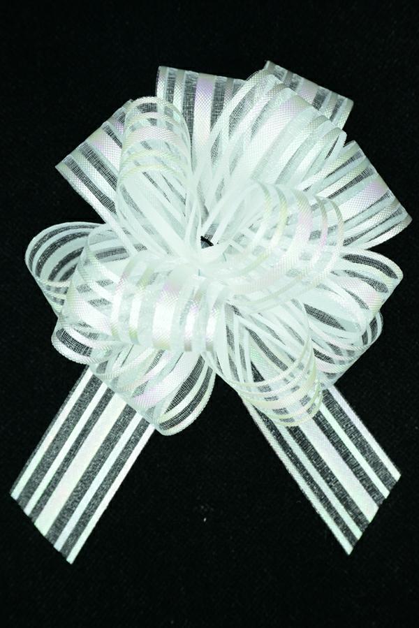 Pull Bow Ribbon |   1.25" Wide Pull Bow Ribbon With 14 Loops White-Iridescent Solid And Sheer Stripes (Lot Of 1 Bow) Pull Bow Ribbon Pull Bow Ribbon