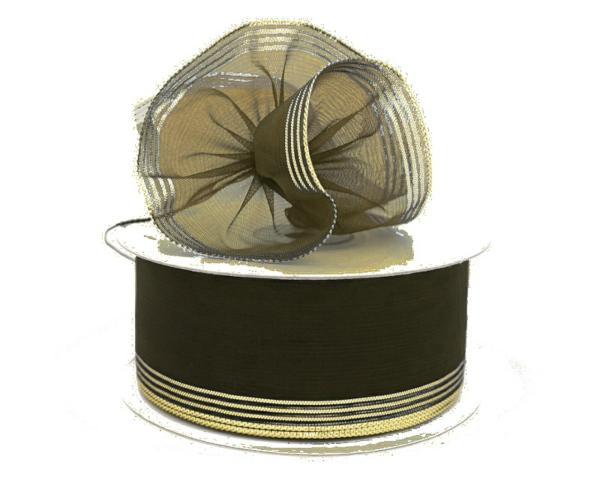 Pull Bow Ribbon |   1.5 Inch Brown Organza Pull Bow Ribbon With 4 Rows Of Gold Stripe Accents, 25 Yards (Lot Of 1 Spool) Pull Bow Ribbon Pull Bow Ribbon