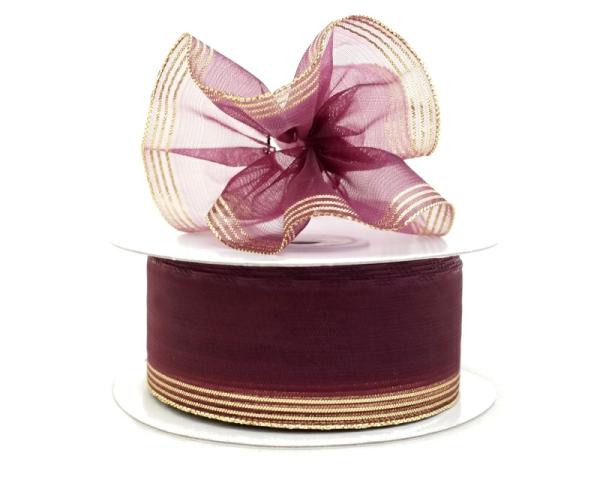 Pull Bow Ribbon |   1.5 Inch Burgundy Organza Pull Bow Ribbon With 4 Rows Of Gold Stripe Accents, 25 Yards (Lot Of 1 Spool) Pull Bow Ribbon Pull Bow Ribbon