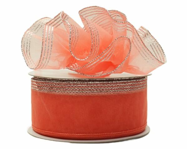 Pull Bow Ribbon |   1.5 Inch Coral Organza Pull Bow Ribbon With 4 Rows Of Silver Stripe Accents, 25 Yards (Lot Of 1 Spool) Pull Bow Ribbon Pull Bow Ribbon