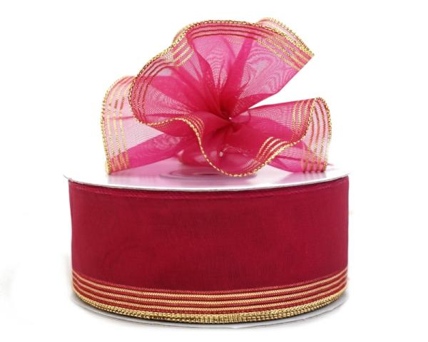 Pull Bow Ribbon |   1.5 Inch Fuchsia Organza Pull Bow Ribbon With 4 Rows Of Gold Stripe Accents, 25 Yards (Lot Of 1 Spool) Pull Bow Ribbon Pull Bow Ribbon