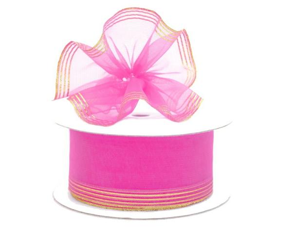 Pull Bow Ribbon |   1.5 Inch Hot Pink Organza Pull Bow Ribbon With 4 Rows Of Silver Stripe Accents, 25 Yards (Lot Of 1 Spool) Pull Bow Ribbon Pull Bow Ribbon